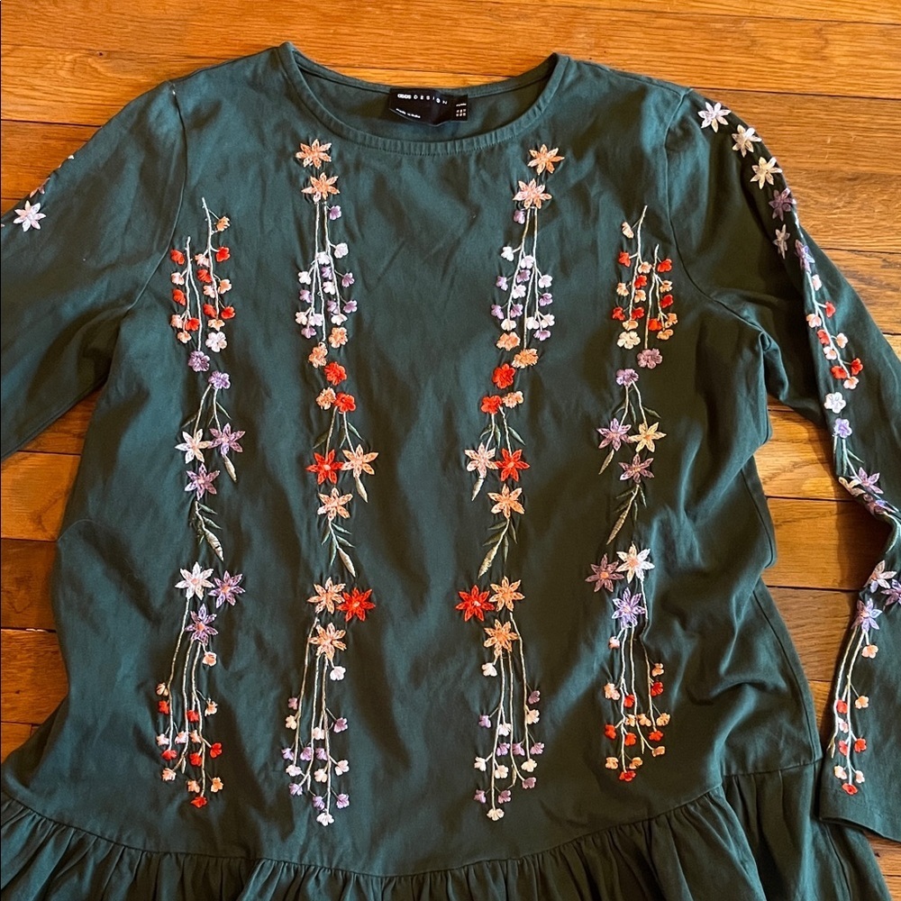 ASOS Petite Dark Green Floral Embroidered Long Sleeve Top